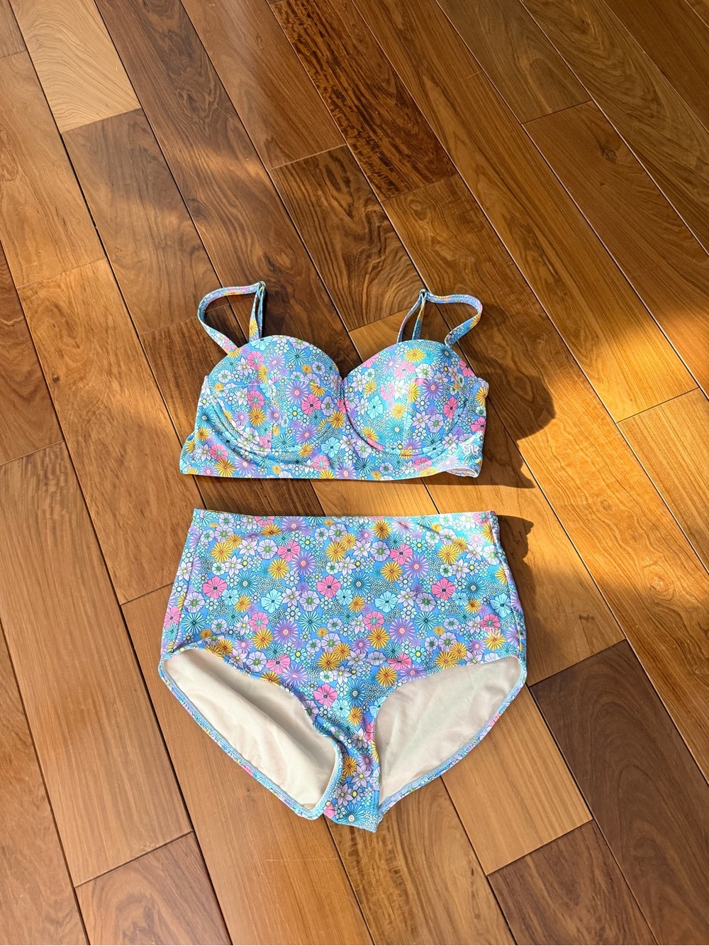 Floral High-Waist Bikini Set in Light Blue and Pastel Floral
